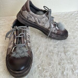 SPRING STEP L'ARTISTE Sz 41 Brown Leather Sneakers with rabbit fur Trim Lace Up